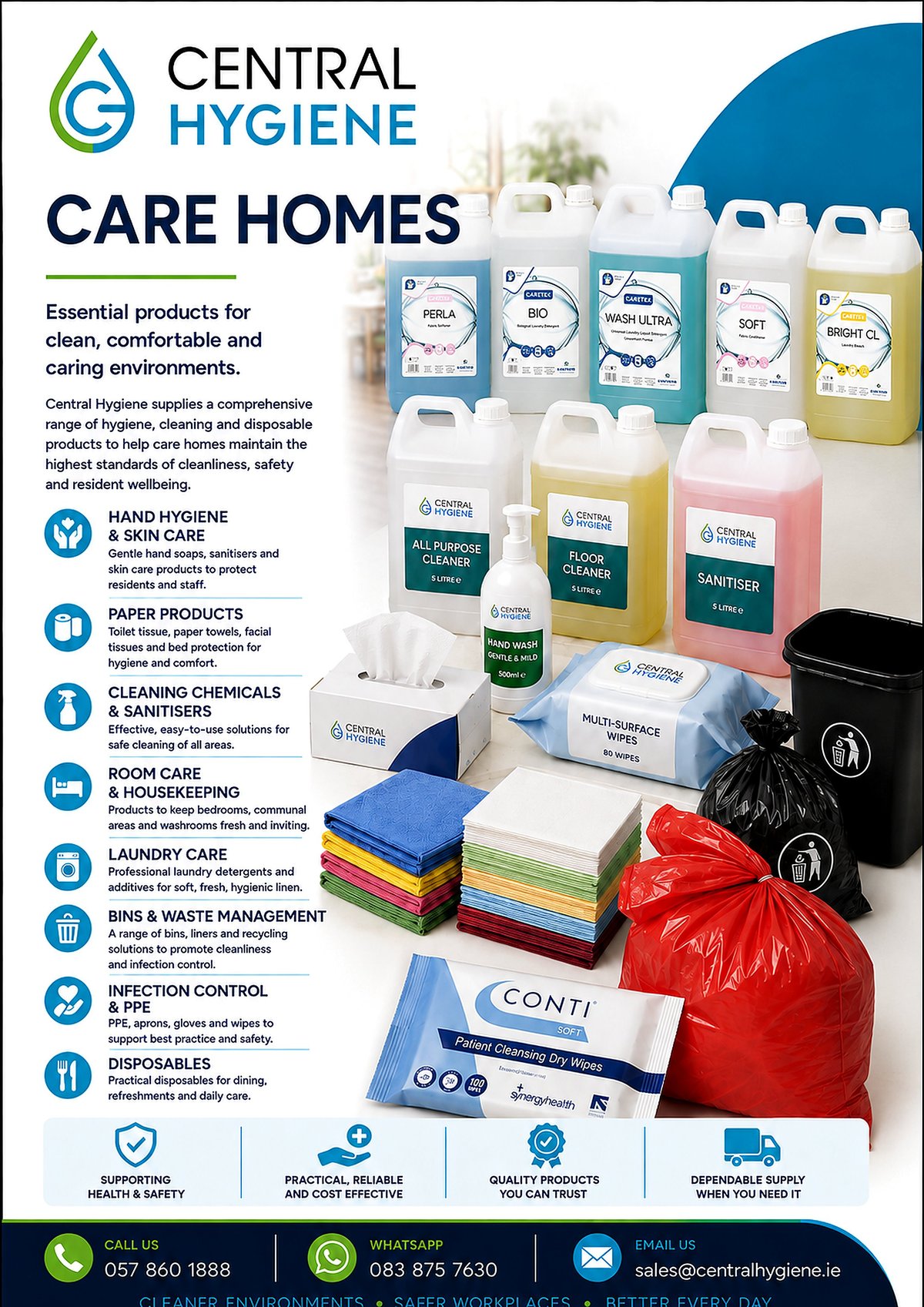Central Hygiene care homes product display showing hygiene supplies, sanitizers, and equipment with contact information