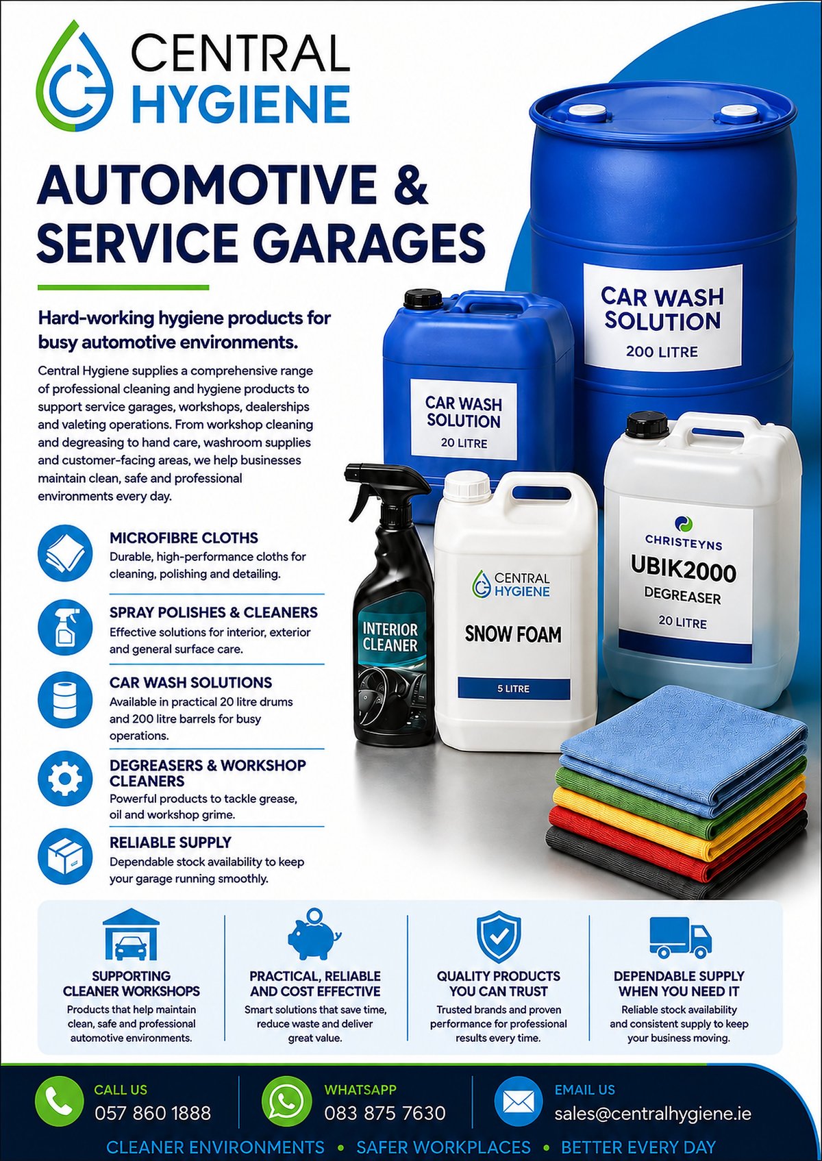 Central Hygiene automotive hygiene products promotional flyer showcasing car wash solutions, microfiber cloths, and workshop hygiene products