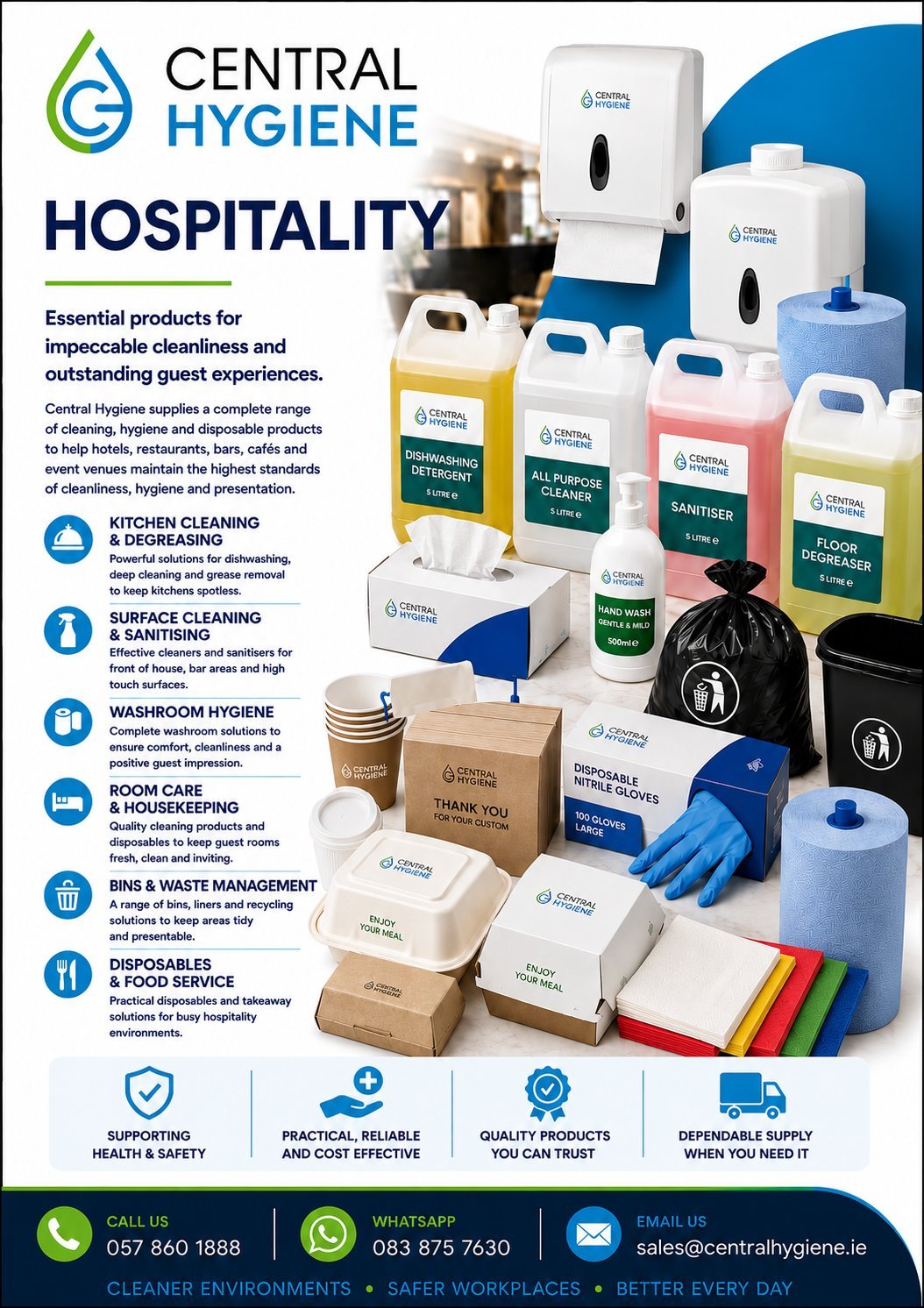 Central Hygiene hospitality hygiene products display including dispensers, sanitizer, detergent bottles, gloves, and waste management supplies