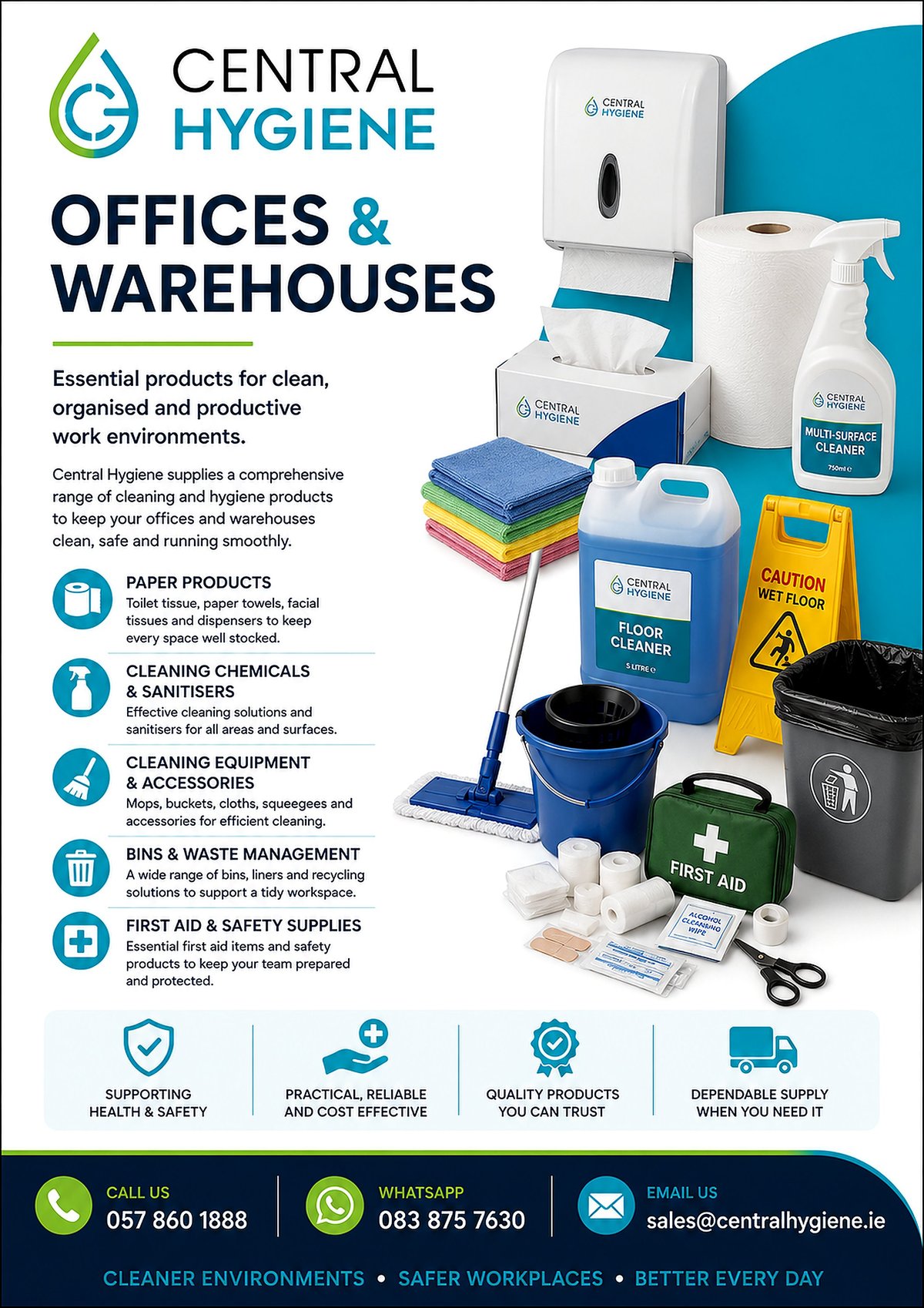 Central Hygiene offices and warehouses product range including hygiene supplies, paper products, equipment, waste bins, and first aid kits