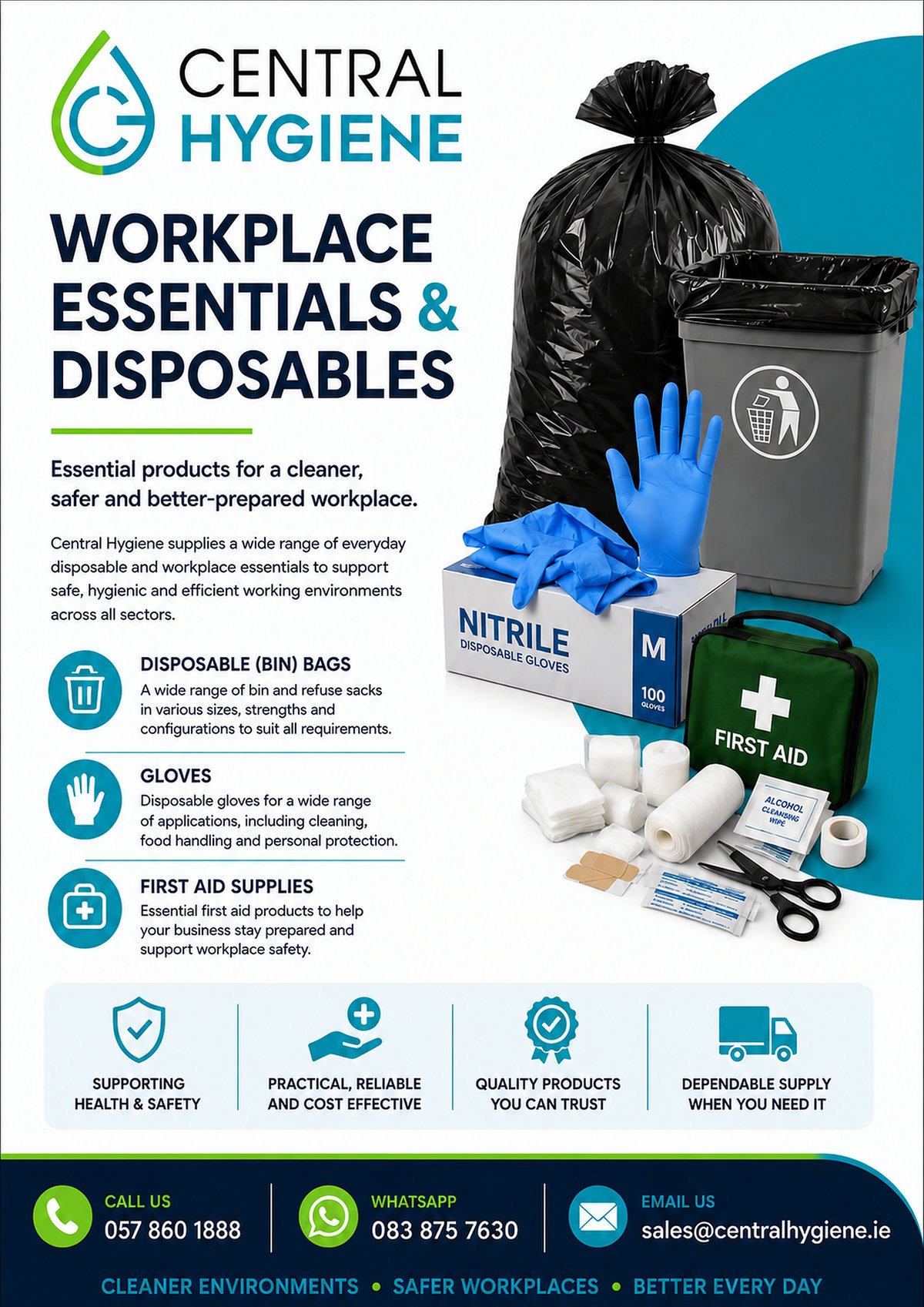 Central Hygiene workplace essentials and disposables product range including bin bags, nitrile gloves, and first aid supplies with contact information
